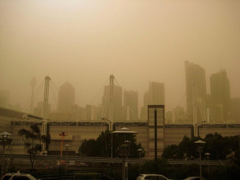 View of Sydney, Australia skyline clouded through a haze of dust