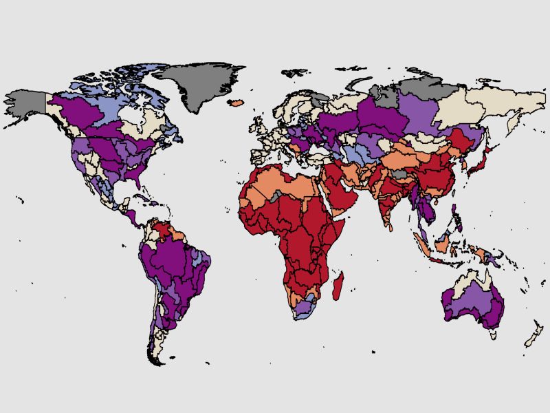 Generated map of the world with countries colored purple and red depending on their cropland