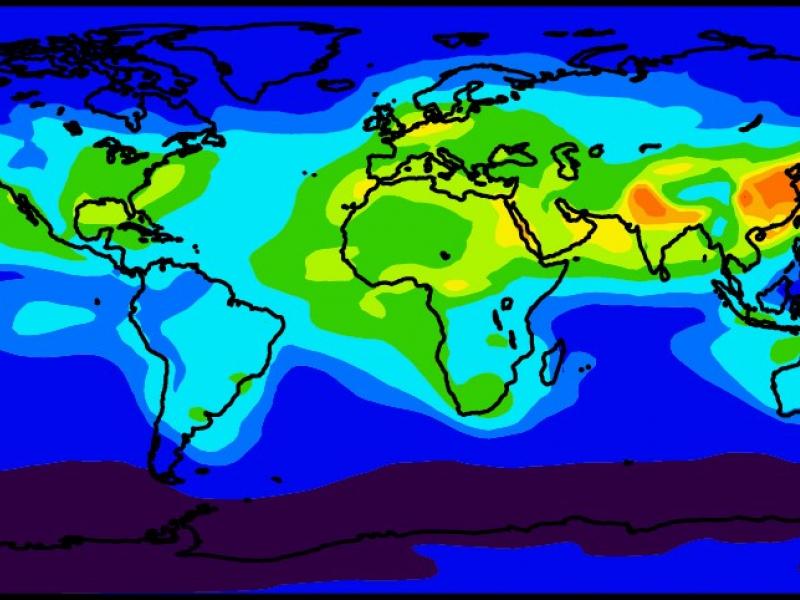 World map with a range of colors corresponding to intensity of nitrate aerosol