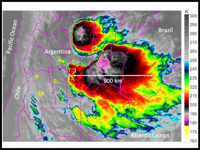 Generated image of storm over a map of South America