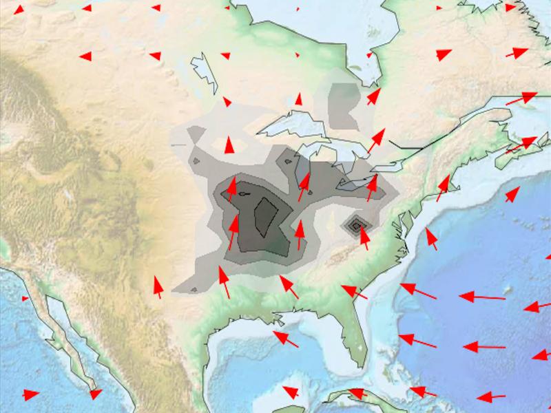 Generated map of the U.S. with red arrows showing circulation around the Great Plains.