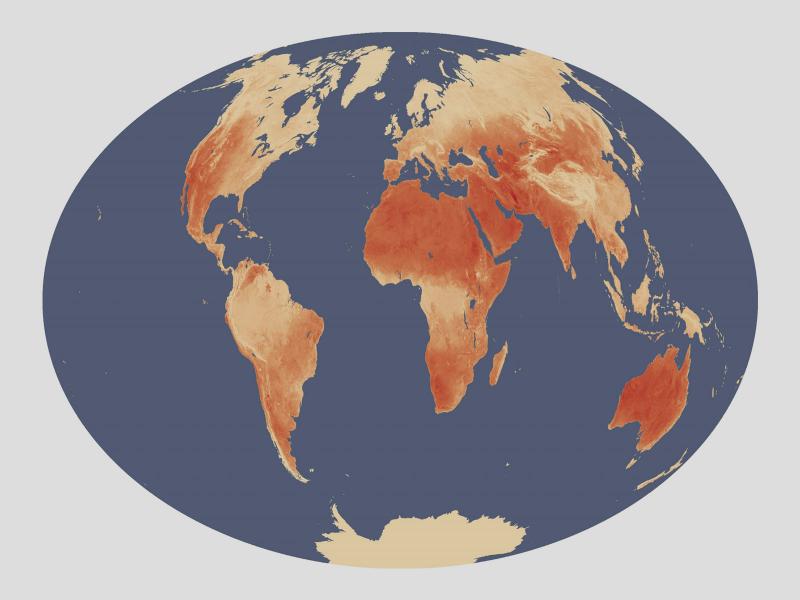 Map of the world showing darker orange color where temperatures will increase