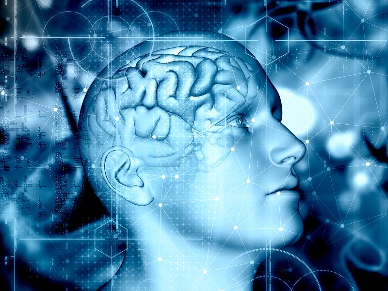 illustration of a human head transparent to see brain inside with network overlay