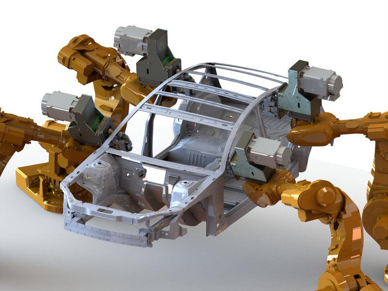 Four robotic arms with self-fixturing friction stir attachments are rendered alongside a partially built car.