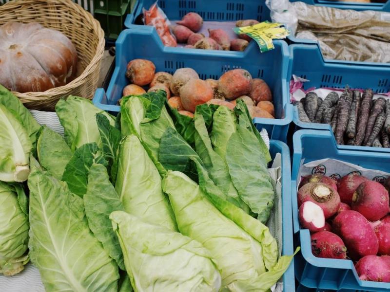 various produce in blue plastic bins