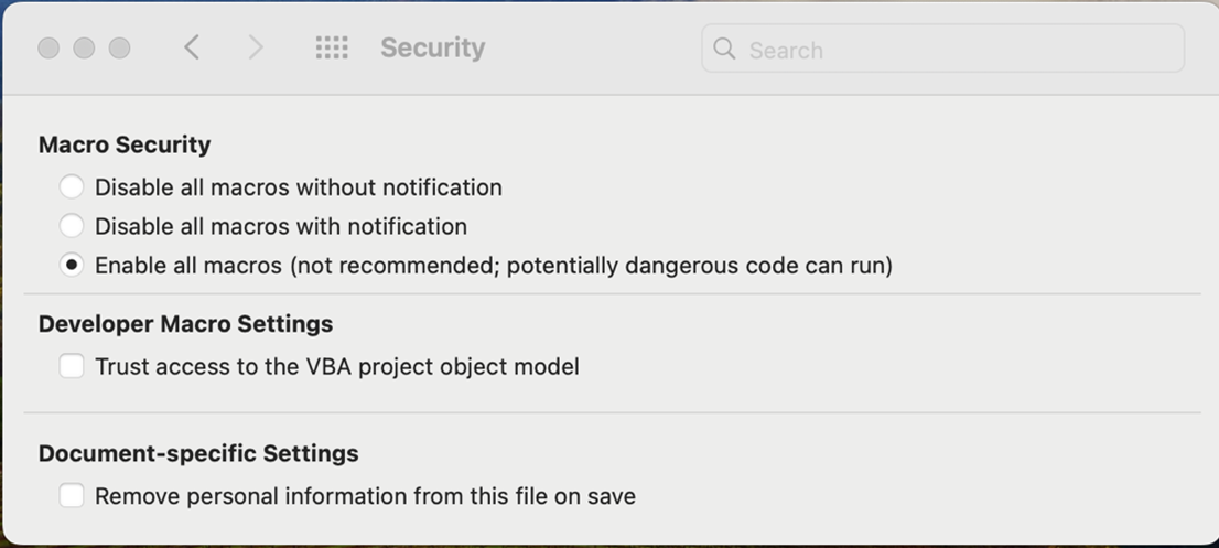 A screenshot showing how to enable macros for the Screenshot instructions for Drinking Water System Outage Cost Estimator.