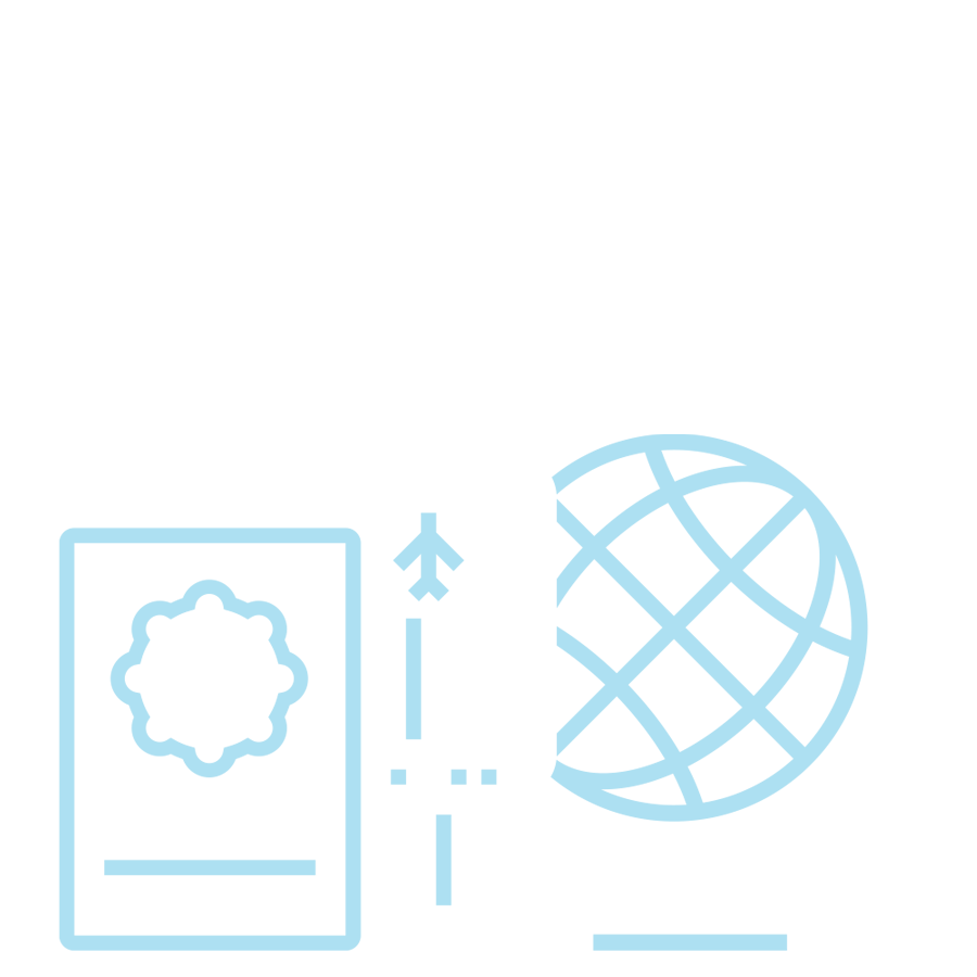 icon of a smartphone, a passport and a globe