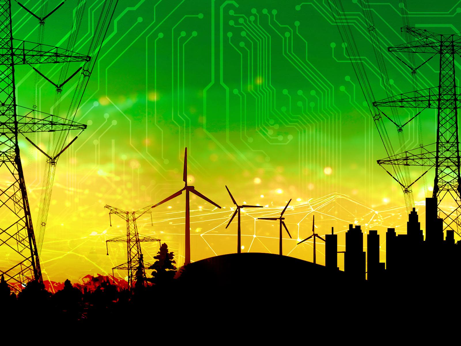 digital rendering of power-generating windmills and electrical towers in silhouette over a green and yellow circuit board