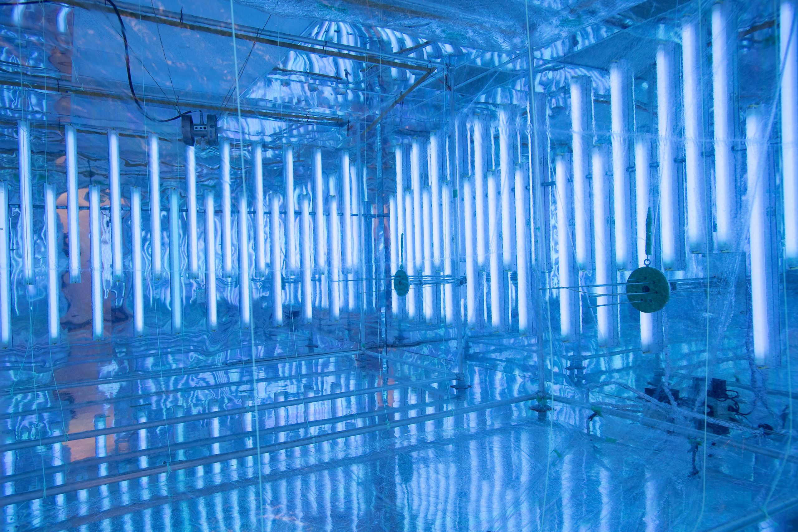 an inner view of an aerosol detection device in vibrant blue light