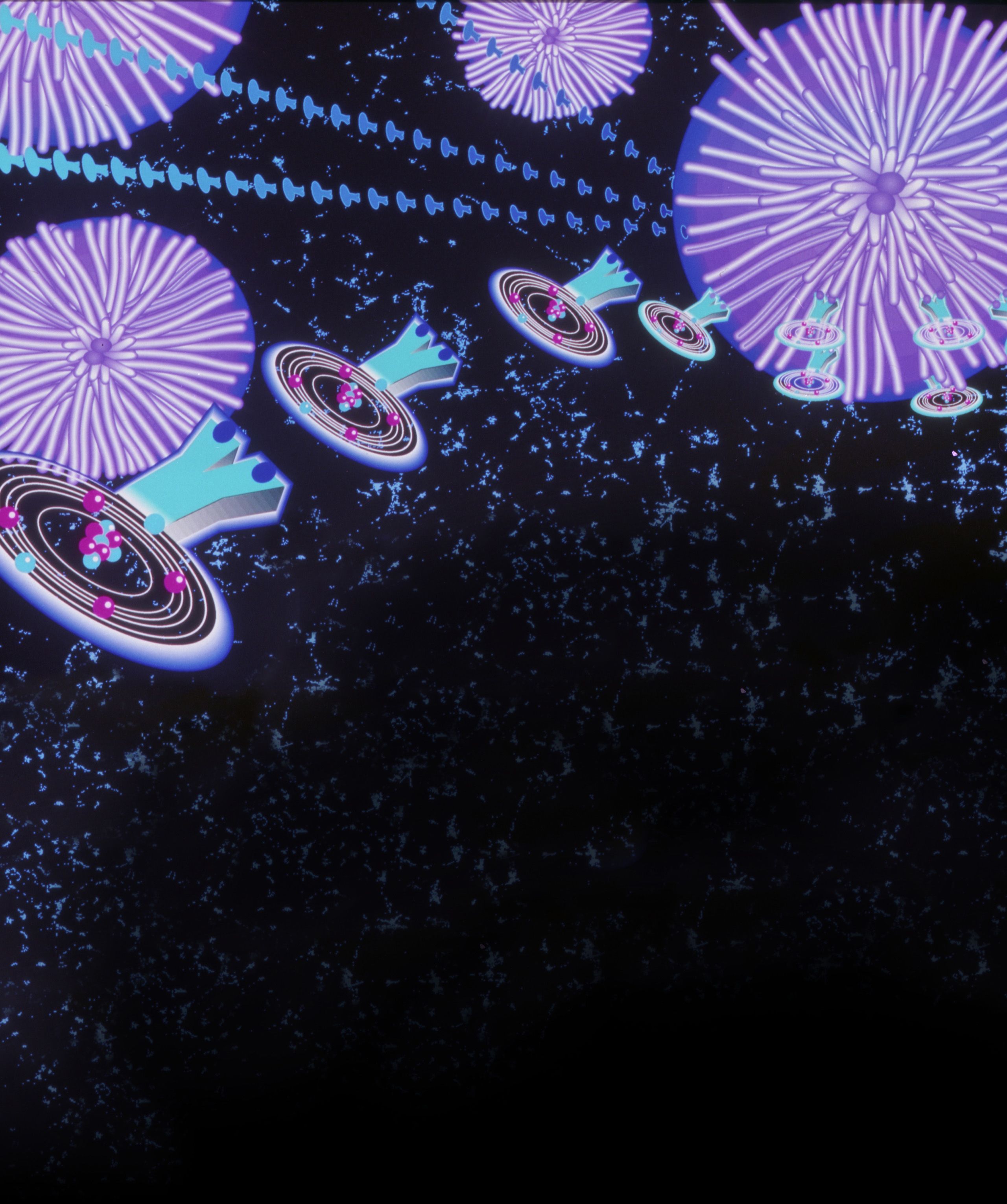 digital rendering of disc-shaped Y-90 molecules being extracted from anemone-like nuclear material