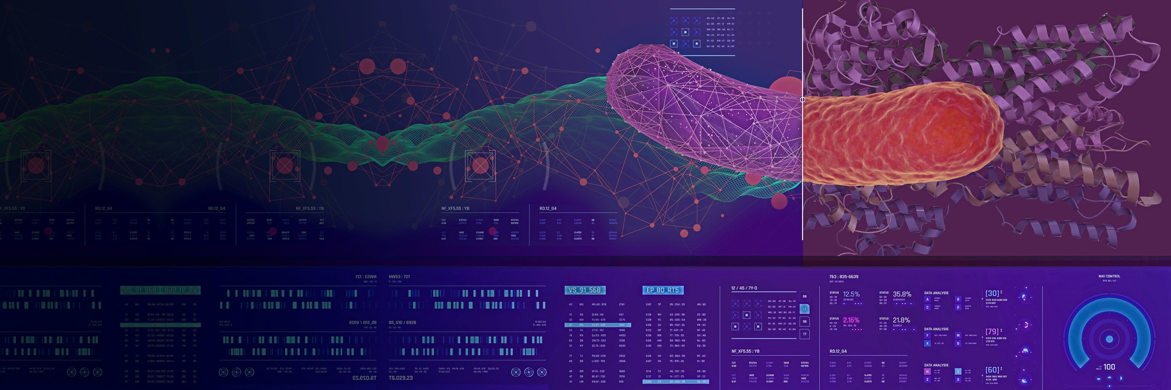 composite graphic showing digital renderings of microbes alongside numerical data and graphs