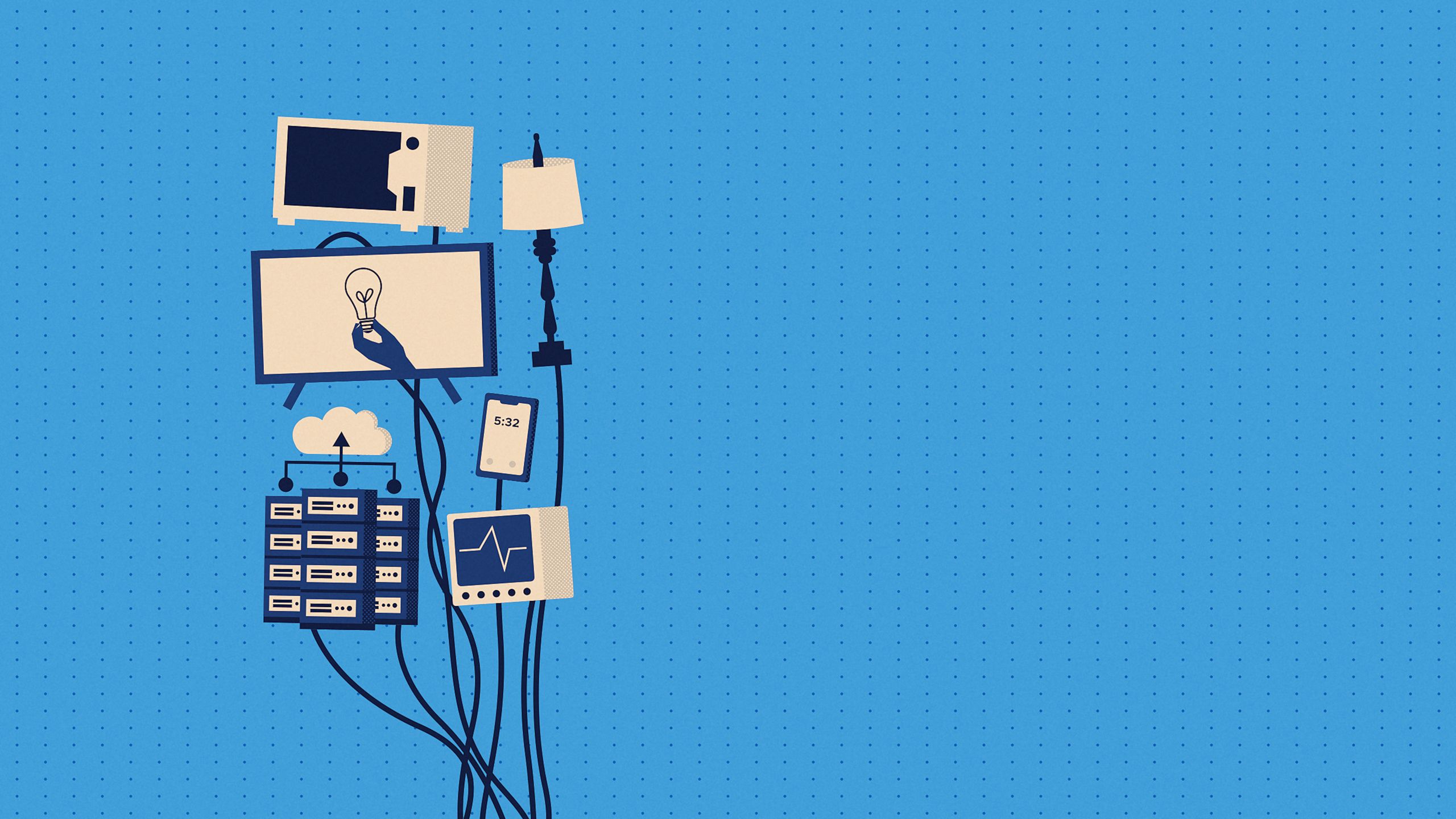 digital illustration of a variety of computing devices connected by cords