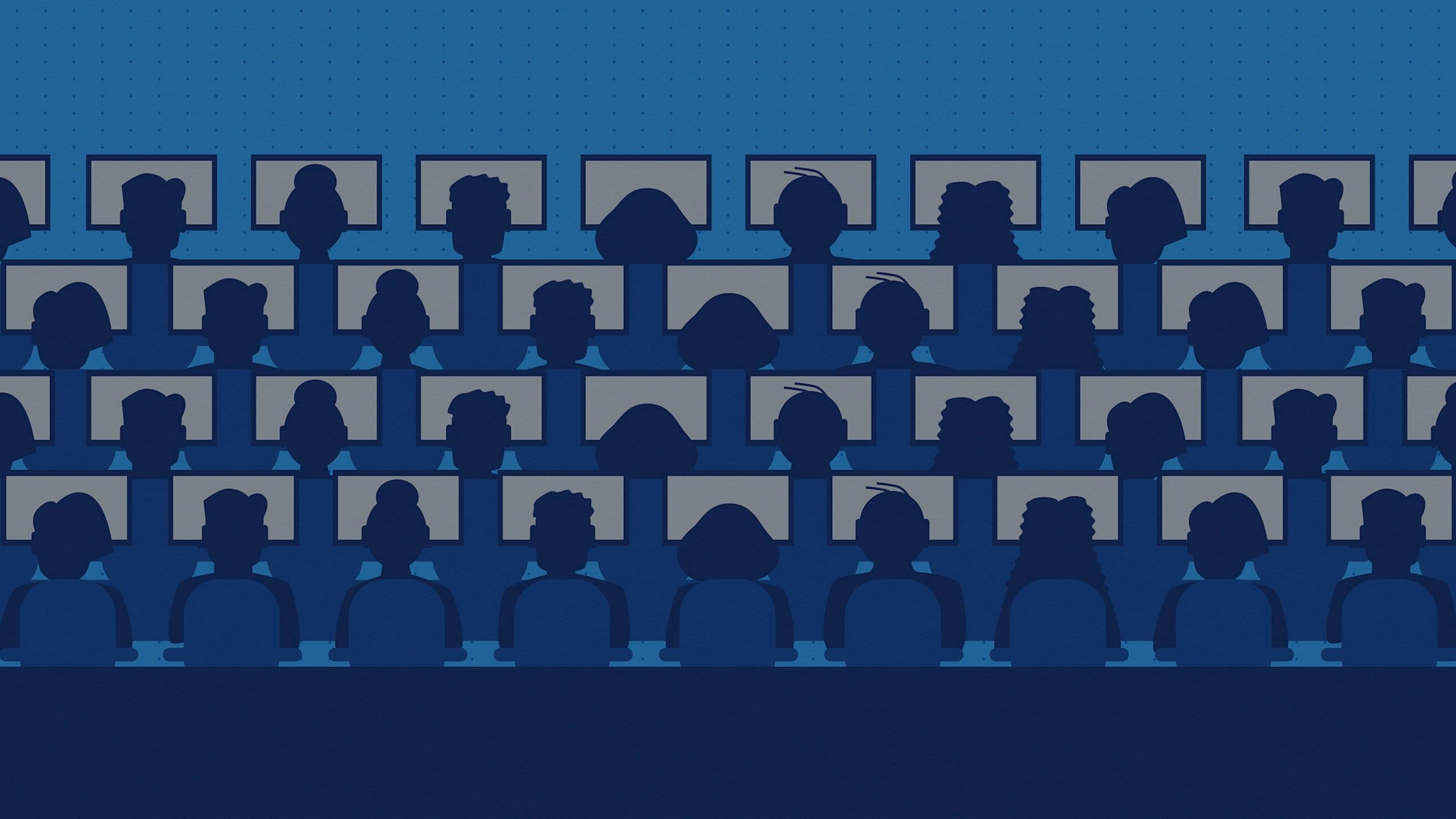 a digital illustration of many people sitting in rows in front of computer screens